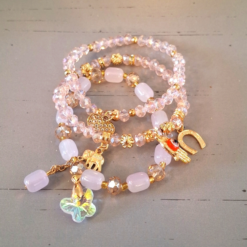 Gold & Pink Beaded Charm Bracelets